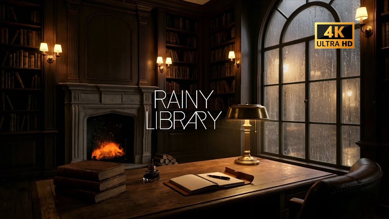 Rainy Night Library Ambience 📖 Heavy Rain & Fireplace Sounds for Study, Sleep, Focus | 1 Hour 4K UHD