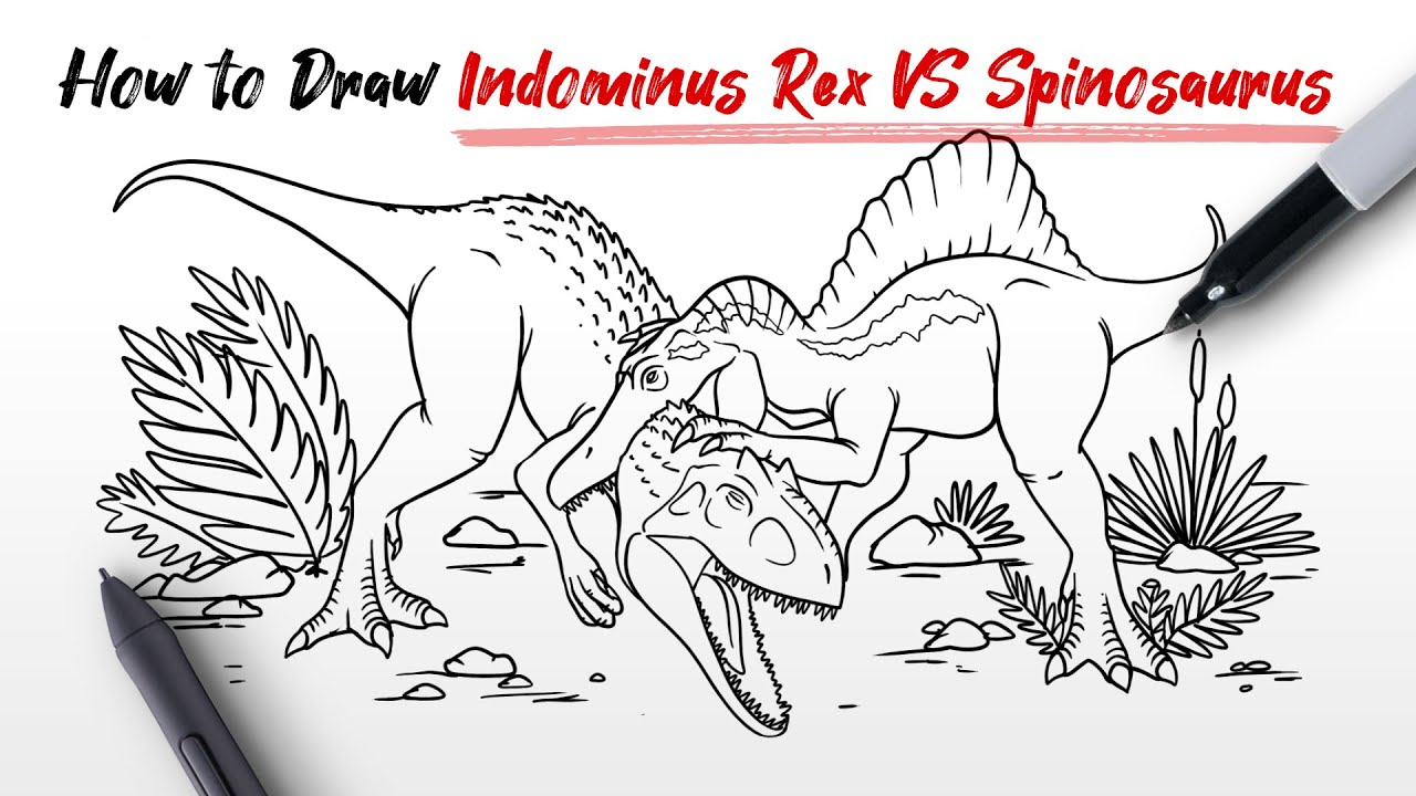 How to Draw Indominus Rex VS Spinosaurus dinosaur fighting Easy Step By Step