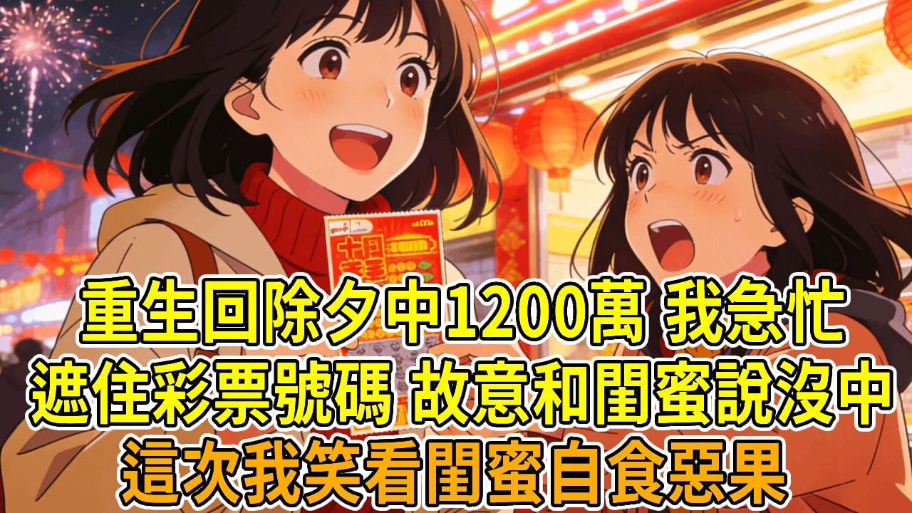 上一世，除夕當天，為了沾點新年好運，隨手買了1張彩票，中了1200萬大獎。本想請閨蜜旅遊慶祝，她卻惡語相向，還咒我不得好死。我嚇得躲著她，她趁我不備搶走彩票冒領獎金，還將我弄傷丟在郊外。再睜眼