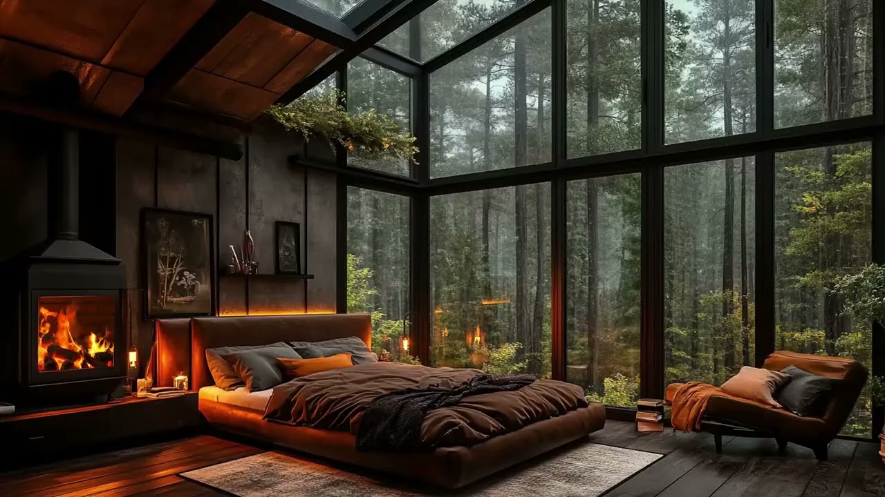 Peaceful Rain and Fireplace Sounds in a Forest Cabin Room for Deep Sleep Meditation and Relaxation