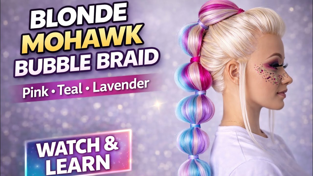 Blonde Mohawk Bubble Braid with Pink, Teal & Lavender | Watch & Learn