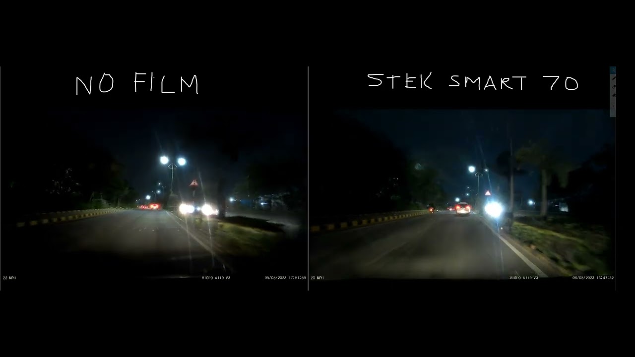 Stek Smart 70 sun control film night visibility (before vs after comparison)