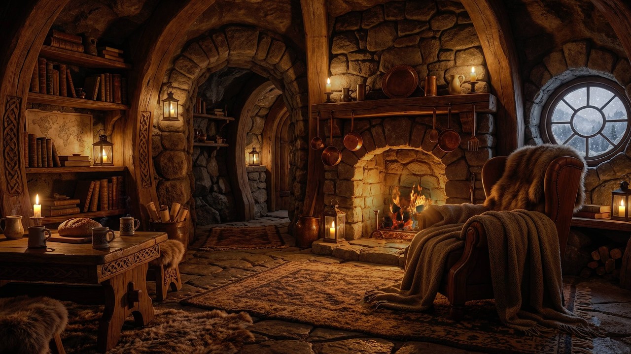 Ultimate Cozy Hobbit Hole Ambience | Fireplace & Blizzard Sounds for Focus