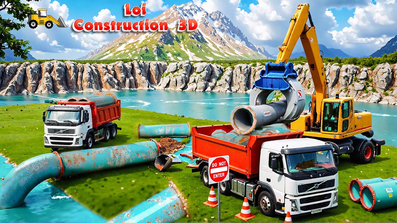Construction Works: Excavator & Trucks Install Massive Water Pipeline from the Lake