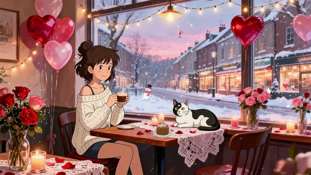 Cherry's Valentine Cafe Date 💖 Cozy Lofi Beats for Studying & Relaxing ❄️ Snowy Night