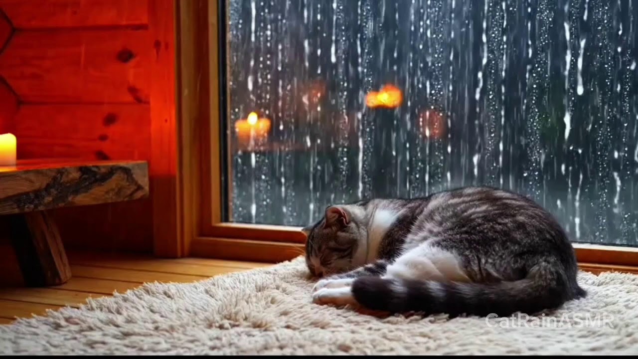 Heavy Rain with (Felis catus) Snoring Near the Window | Perfect for focus and meditation