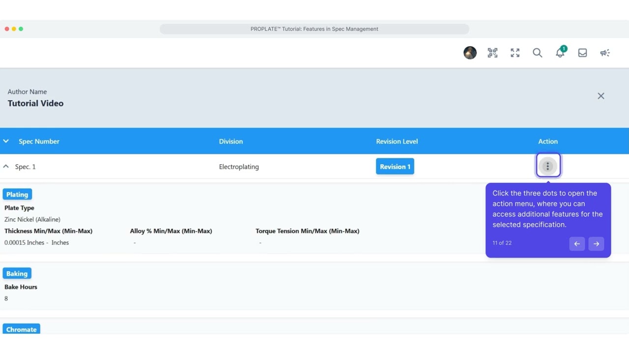 Different Features Available on the Spec Management Screen: PROPLATE™