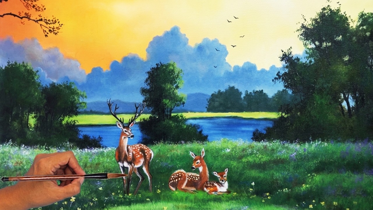 Hướng dẫn vẽ tranh gia đình hươu #painting #art #drawing