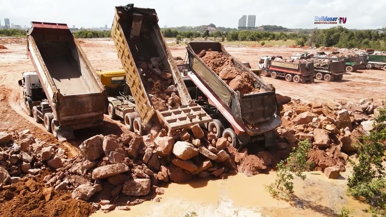 INCREDIBLE! Mountain Stone Move On Filling Low Land Area By Team Bulldozer And Dump Trucks Dumping