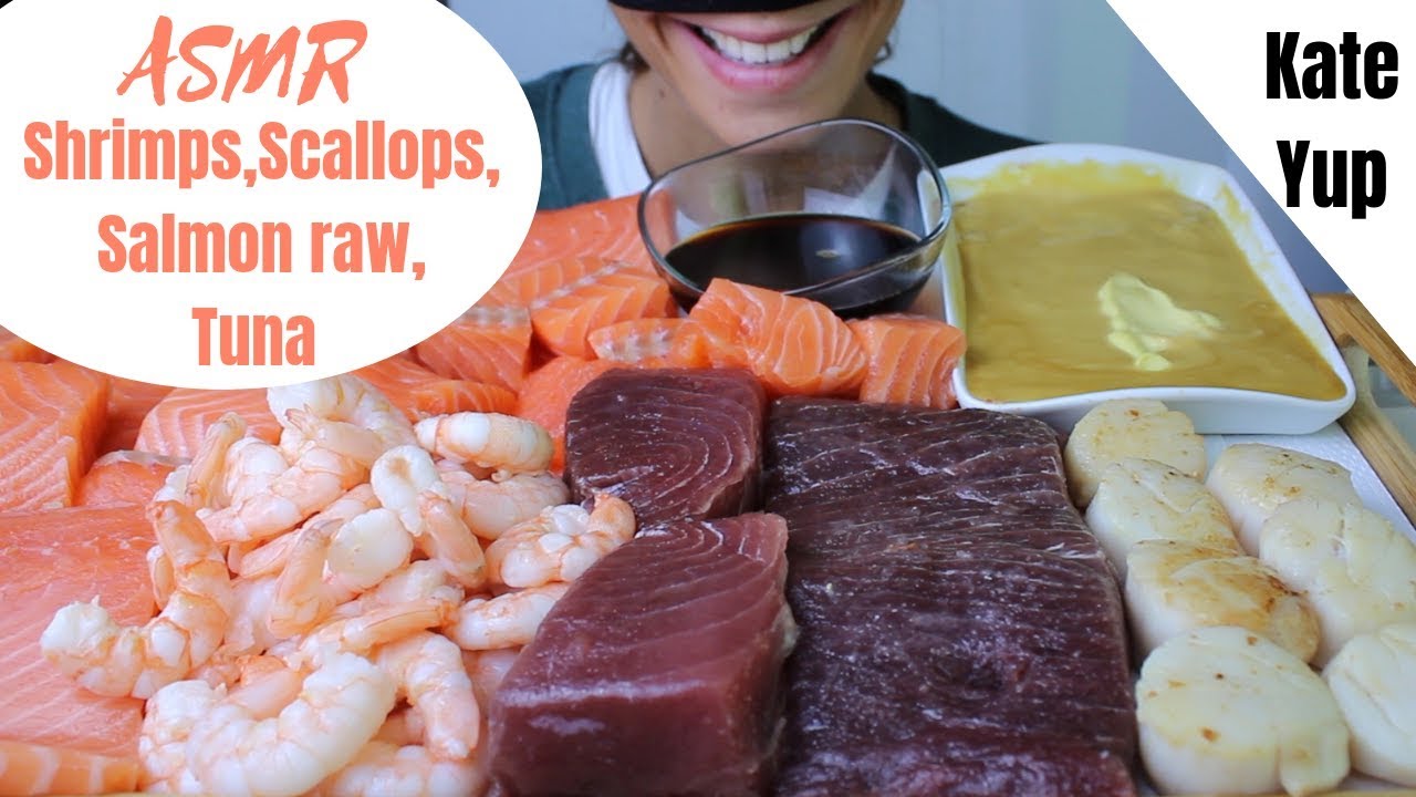 HUGE ASMR : SALMON RAW, SCALLOPS, SHRIMPS & TUNA !!! DELICIOUS !