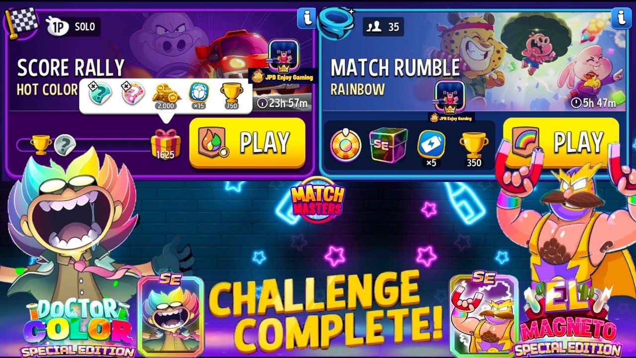 Hot Color+Bombs Away Solo Challenge Score Rally 1625Score/Match Rumble  Rainbow+Super Sized 35Player
