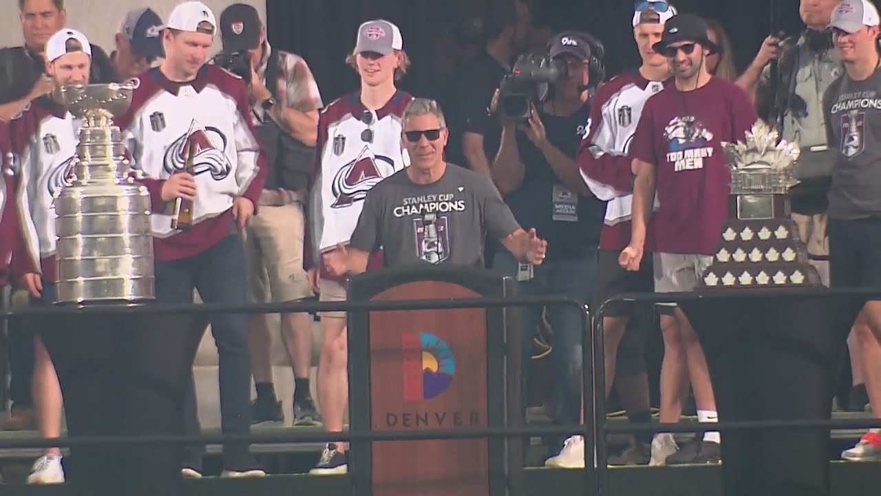Coach Jared Bednar gets emotional during Colorado Avalanche Stanley Cup rally