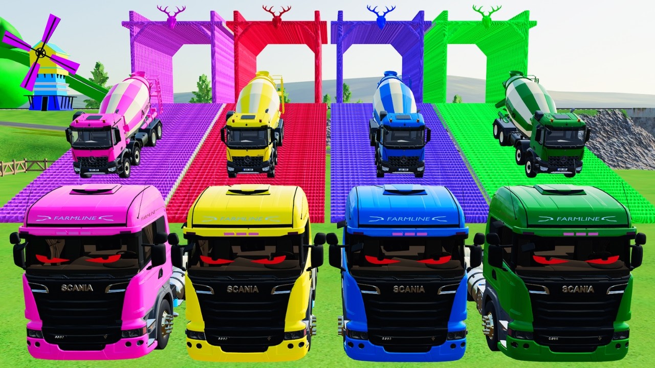 Transporting Colorful Mixer Trucks & Double Flatbed Trailers on Dangerous Terrain FS22 #88