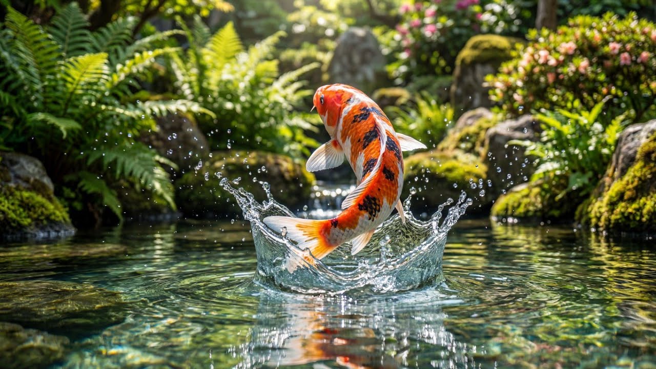 Relaxing Fish Jumping in Crystal Clear Water | Garden Pond Nature Sounds 4K
