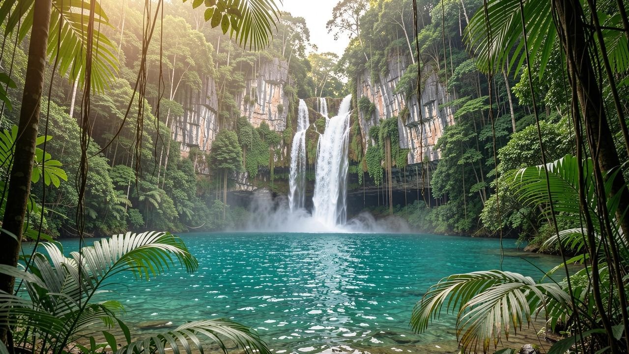 Hidden Jungle Waterfall Lagoon 🌿 Relaxing Tropical Nature Scene | 4K Ambient Visual