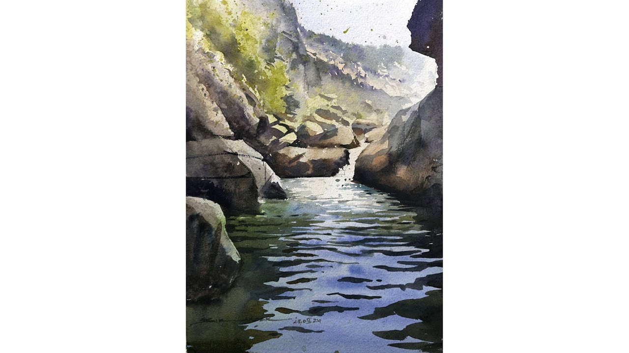 Watercolor Waterfall Landscape Painting