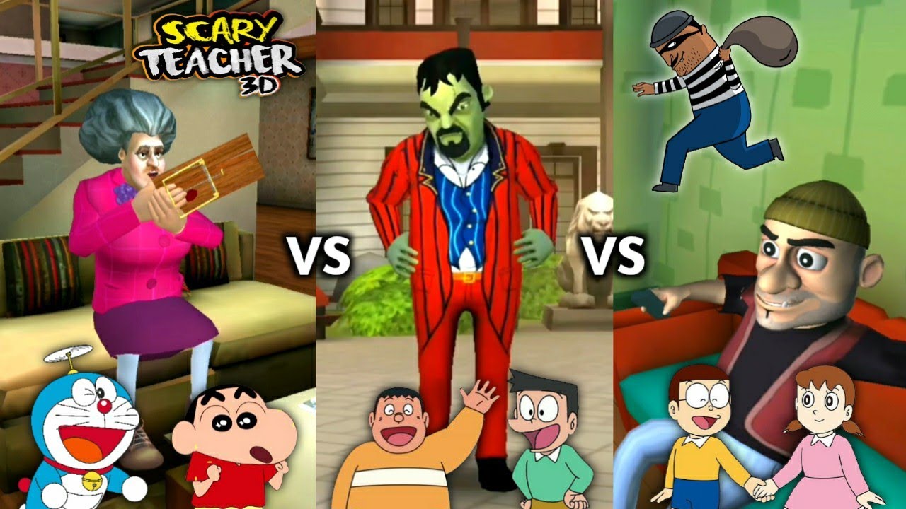 Scary Teacher 3D vs Scary Stranger 3D vs Scary Robber Home Clash With Doraemon & Friends