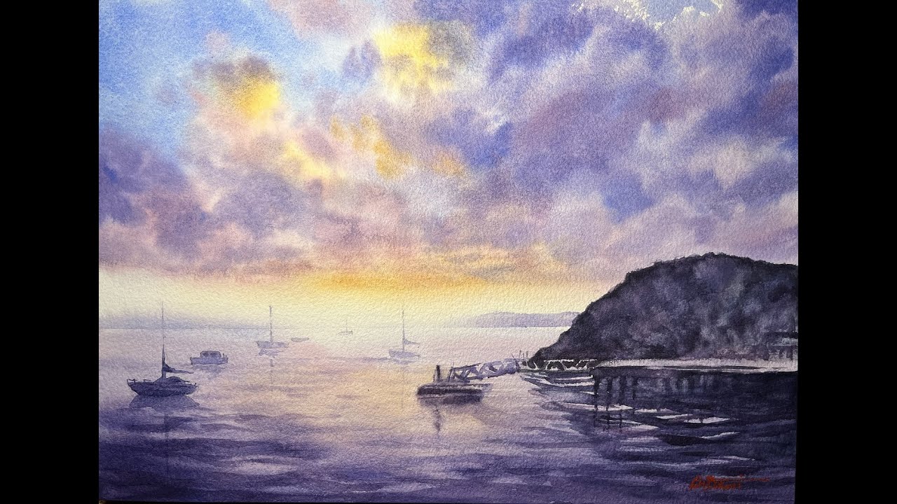 Watercolor painting. Beautiful sunset with dramatic clouds over the sea.