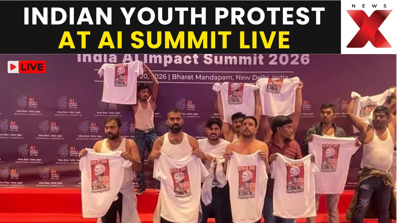 Protest at India AI Summit LIVE | Topless Youth Congress Protestors Chant Anti-Modi Slogans