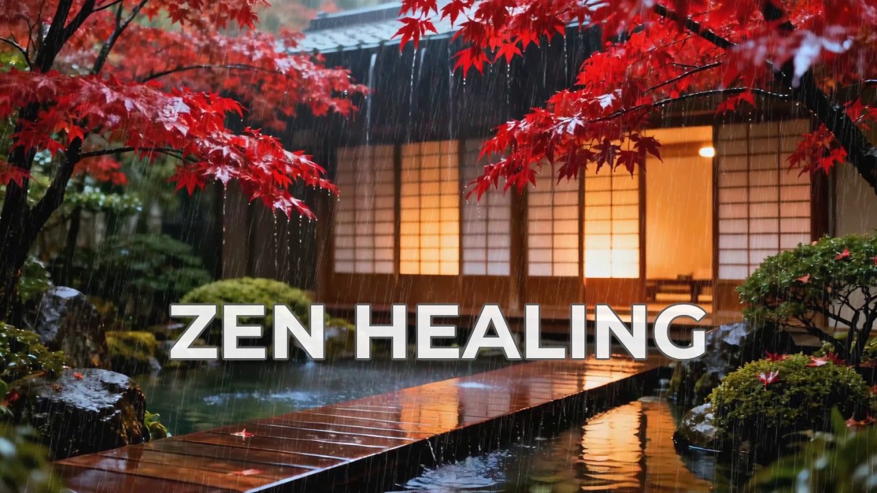 12 Hours Heartwarming Rain ASMR Sounds in a Red Maple Garden Pond for Instant Stress Relief 🍁