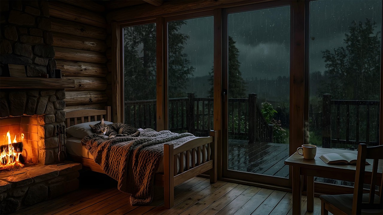 SLEEP IN 5 MINUTES (No Ads)🌧️Soft Forest Rain&Distant Thunder 🔥 Warm Glass Cabin for Calm