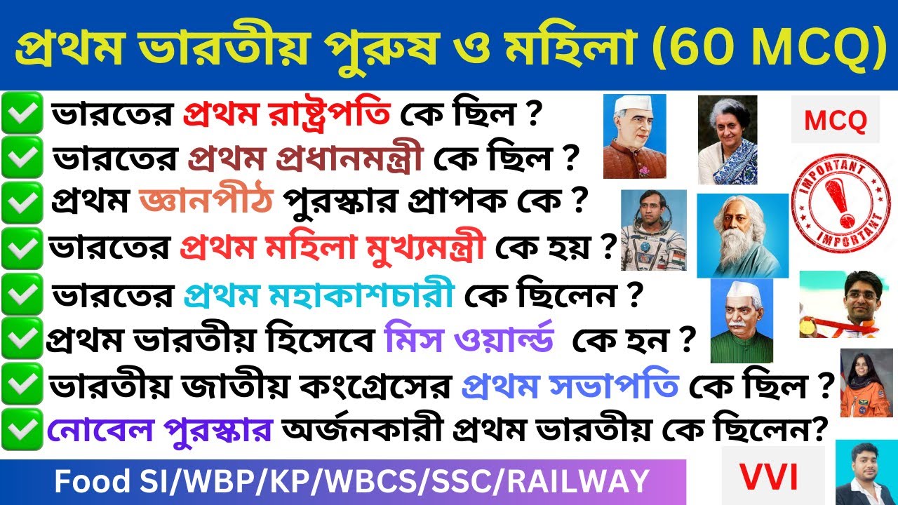 প্রথম ভারতীয় পুরুষ ও মহিলা (60 MCQ) II List of First in India GK II Static GK