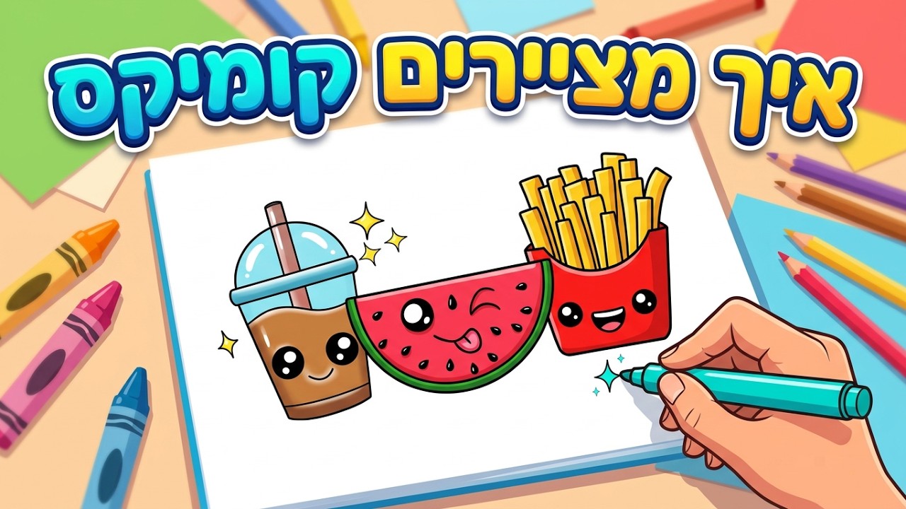 איך מציירים דברים חמודים וקלים קומיקס לילדים ציורים חמודים מאכלים כוס שתייה, אבטיח, צ'יפס
