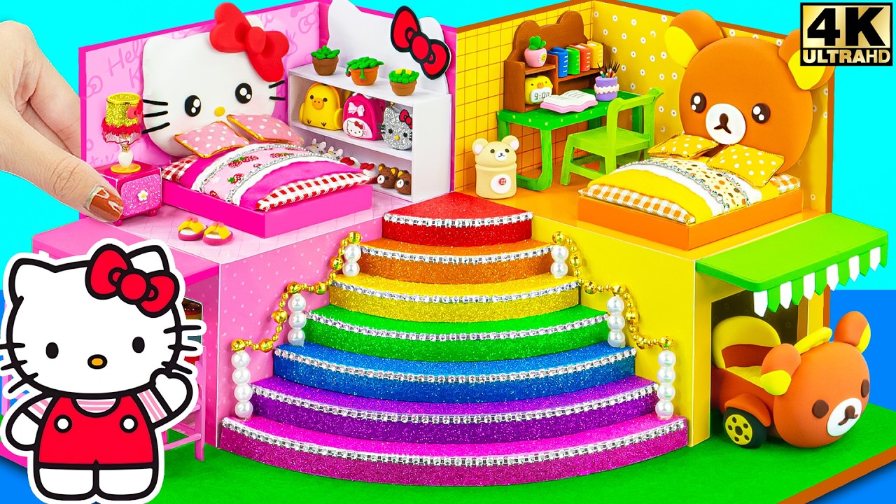 How to Make Hello Kitty House & Yellow Rilakkuma Room with Rainbow Stairs for Two ❤️ DIY Mini House
