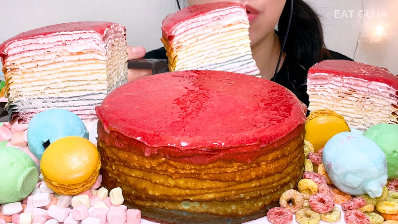 레인보우 크레이프 케이크🌈🍰 디저트 먹방 Rainbow Crepe Cake Dessert Mukbang