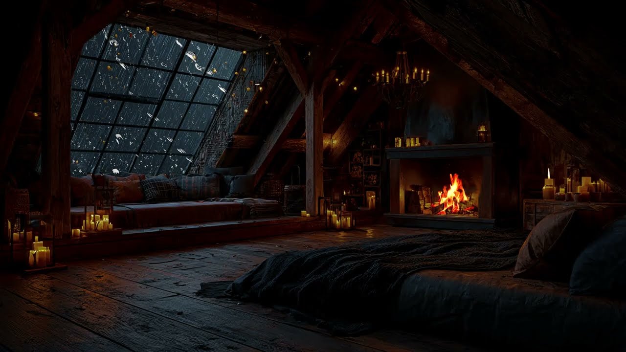 Relaxing Rain & Fireplace in Cozy Attic 🌧️✨ Lantern Light Ambience for Sleep & Focus