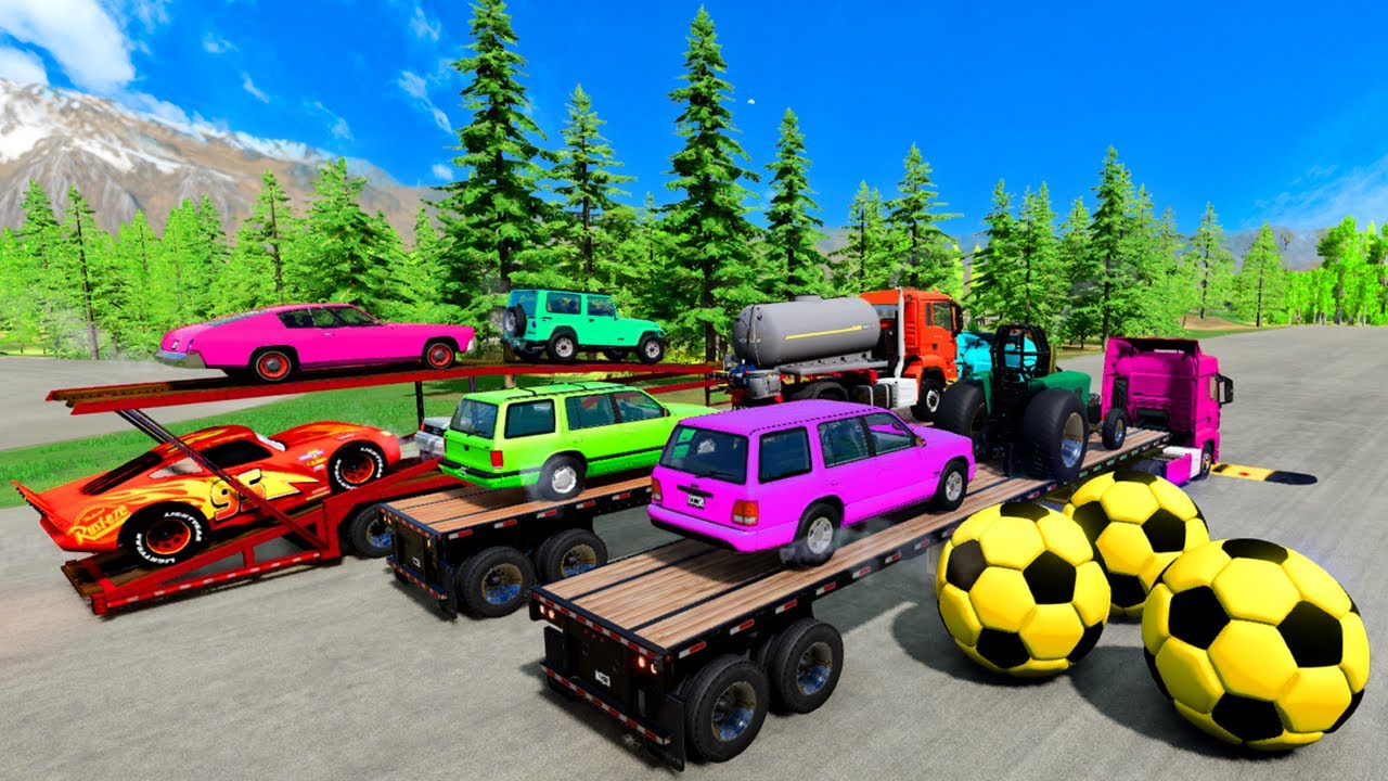 Flatbed Trailer McQueen Transportation with Truck - Speedbumps vs Cars vs Train - BeamNG.Drive #101