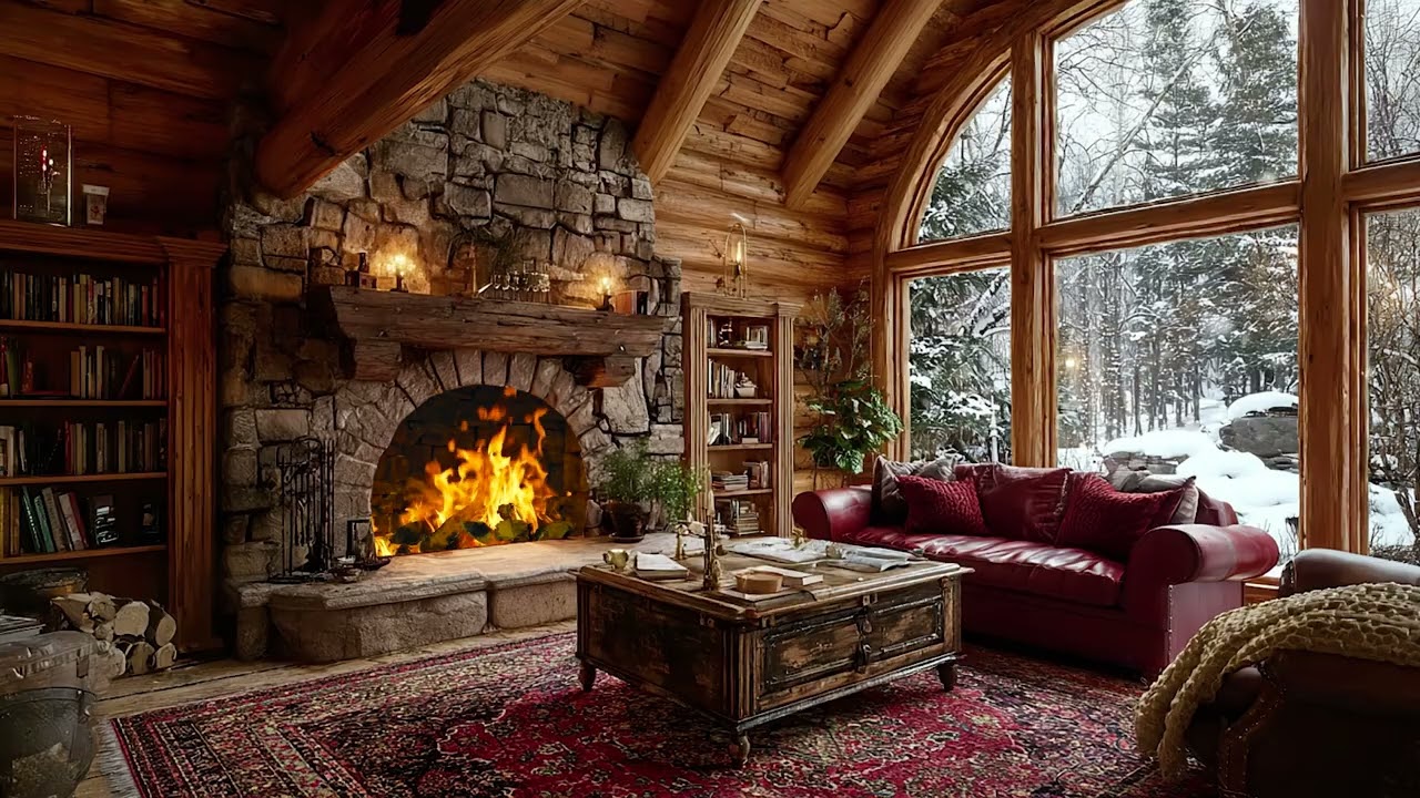 Howling Snowstorm Outside with Warm Fireplace 🔥 Cozy Cabin Sounds to Fall Asleep Fast