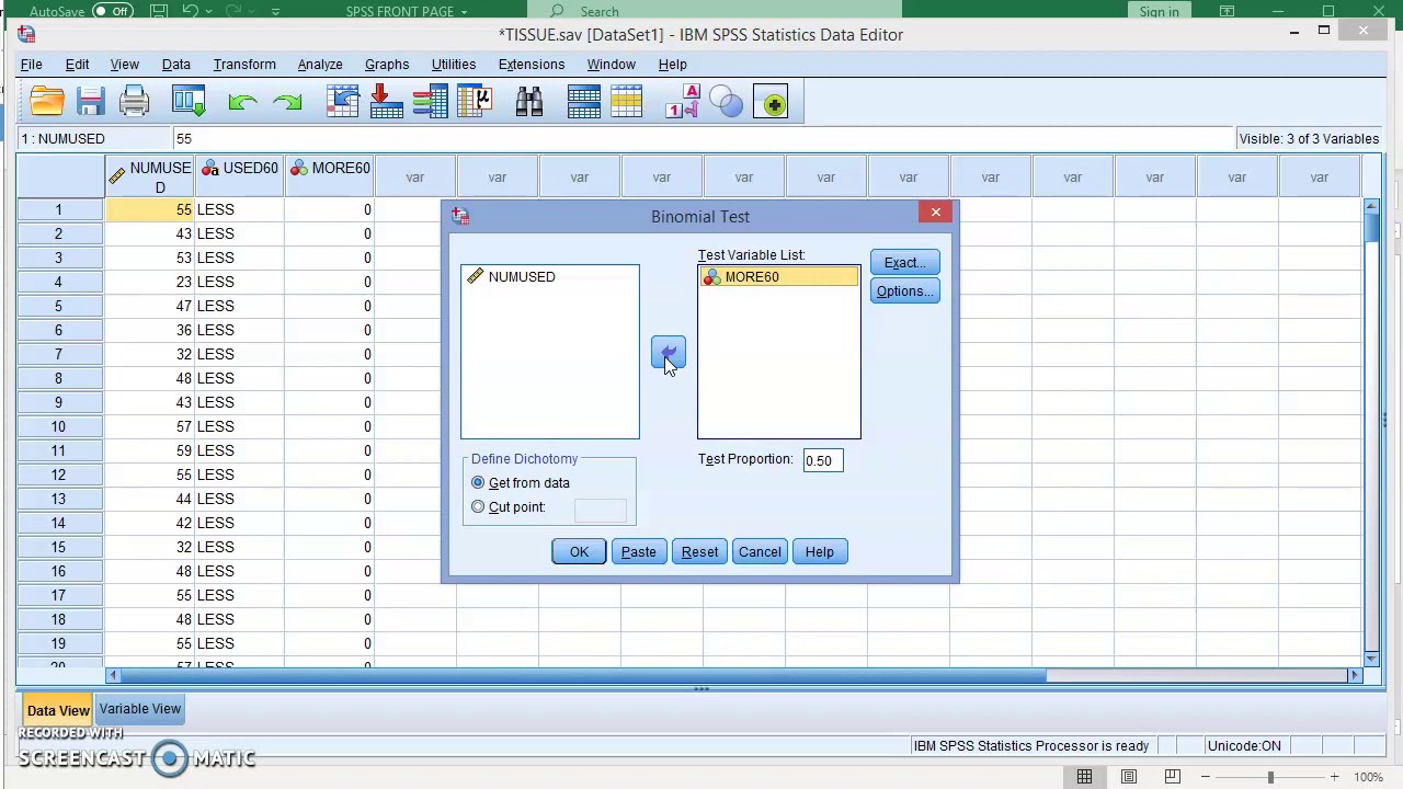 Hypothesis Test for Proportion Binomial Test SPSS.