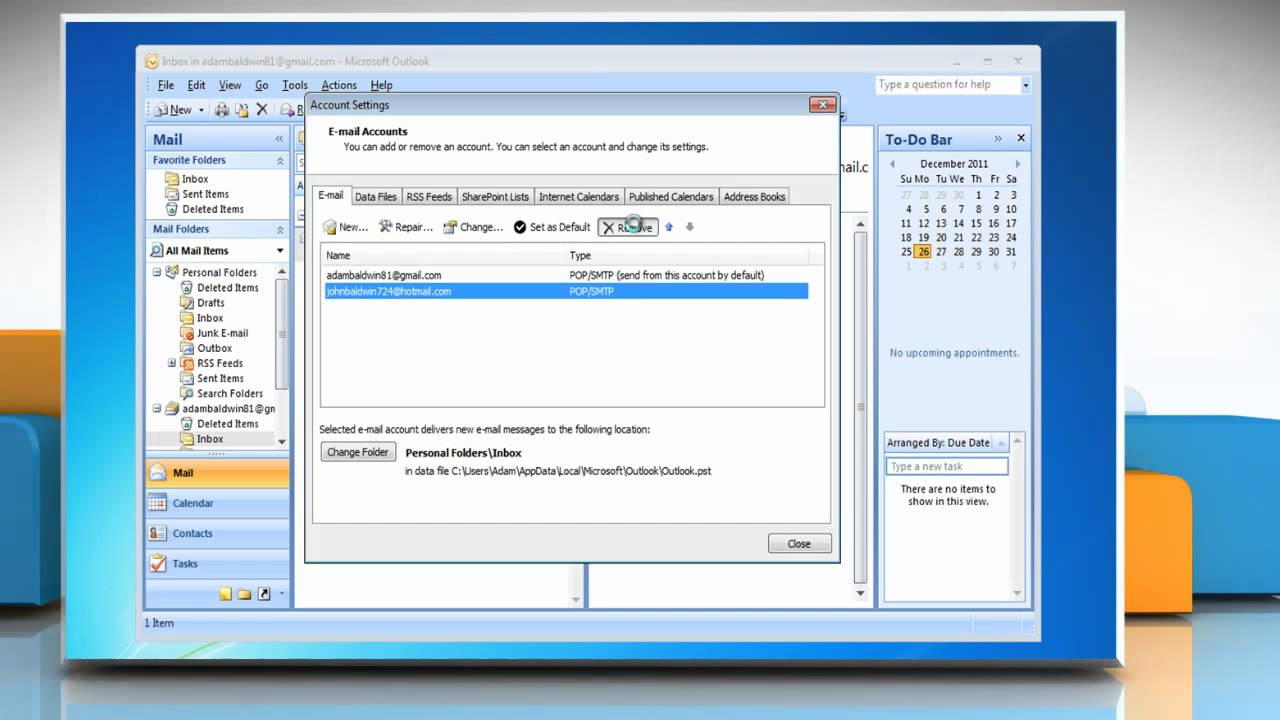 Microsoft&reg; Outlook 2007: How to remove a Windows&reg; Live Hotmail&trade; account on Windows&reg; 7?