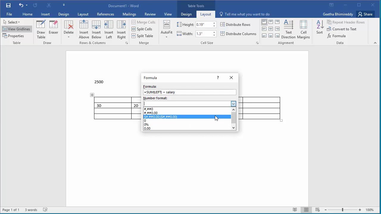 How to Perform Math Calculations in a Table in Word 2016