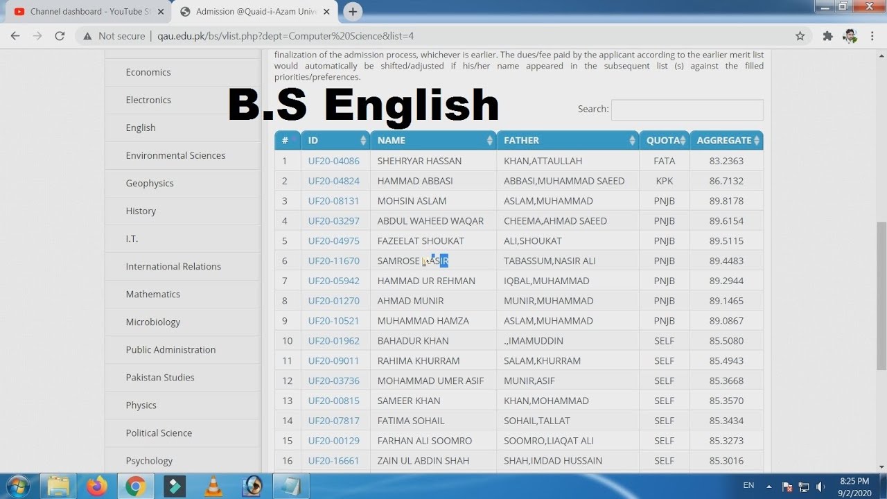Quaid-e-Azam University | B.S English Fourth Merit List 2020