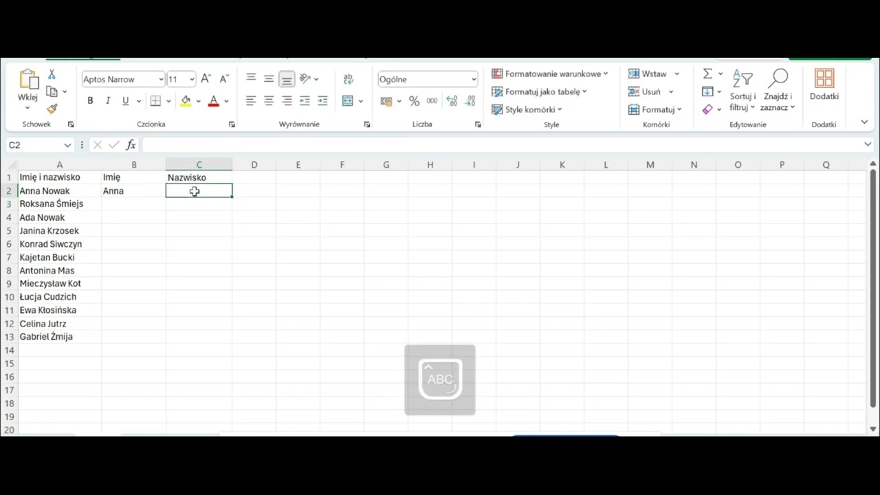 Excel: Funkcja Podziel tekst