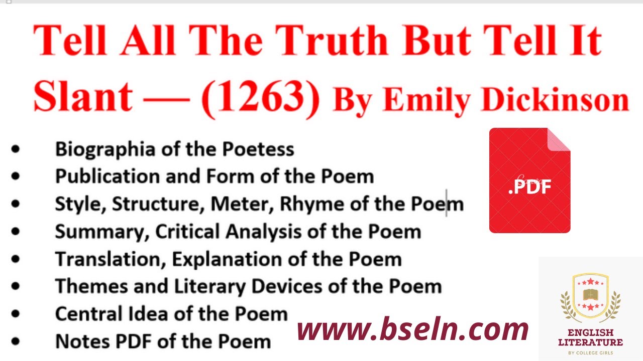 Tell All The Truth But Tell It Slant By Emily Dickinson In Urdu and Hindi. Summary,Themes,C.A,Style.