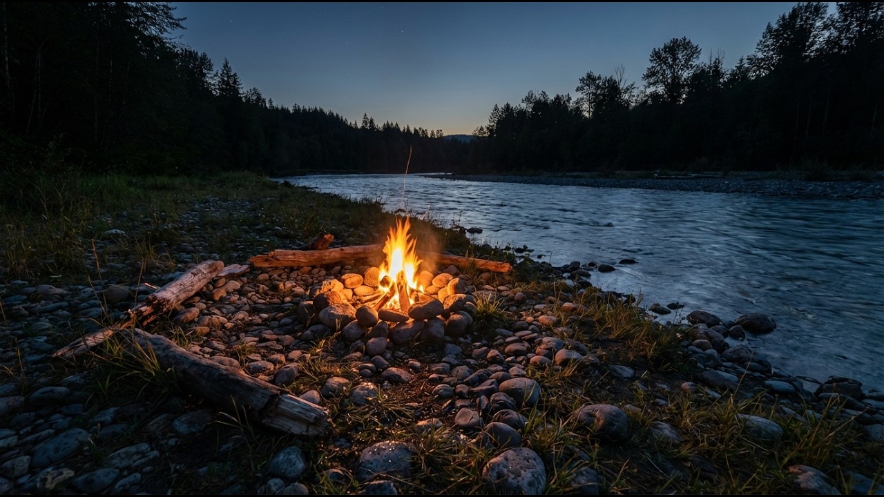 LIVE 🔥 Riverside Campfire + Flowing River Sounds 🌊 Static Wide Shot | 4K HDR Sleep, Study, Relax