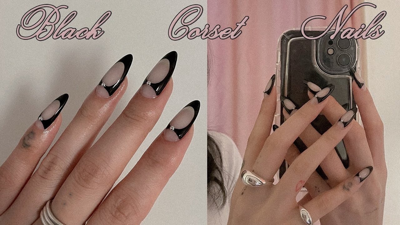 블랙 코르셋 네일 ‧₊˚✩ 🐈&zwj;⬛⊹♡ | 셀프네일 | 딥프렌치 | 가을네일 | 폴리젤연장
