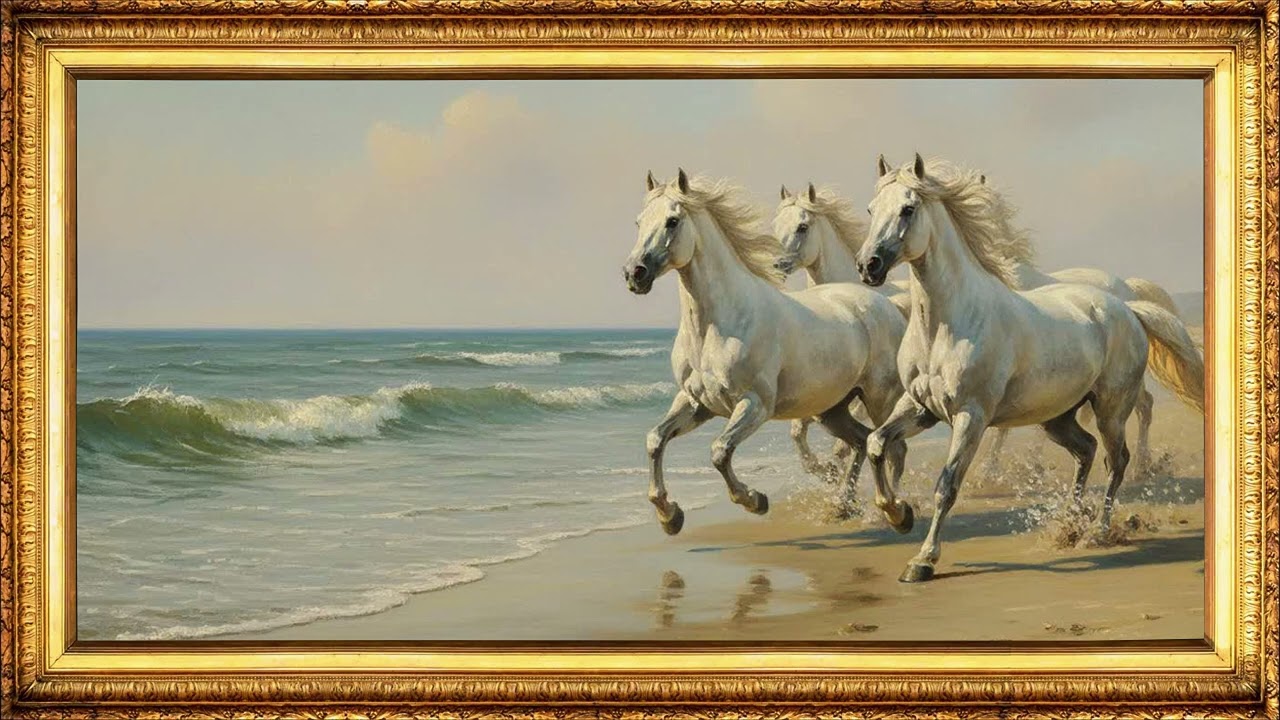 White Horses Beach | Gold Frame Ocean TV Art | 4K Galloping Stallions Screensaver