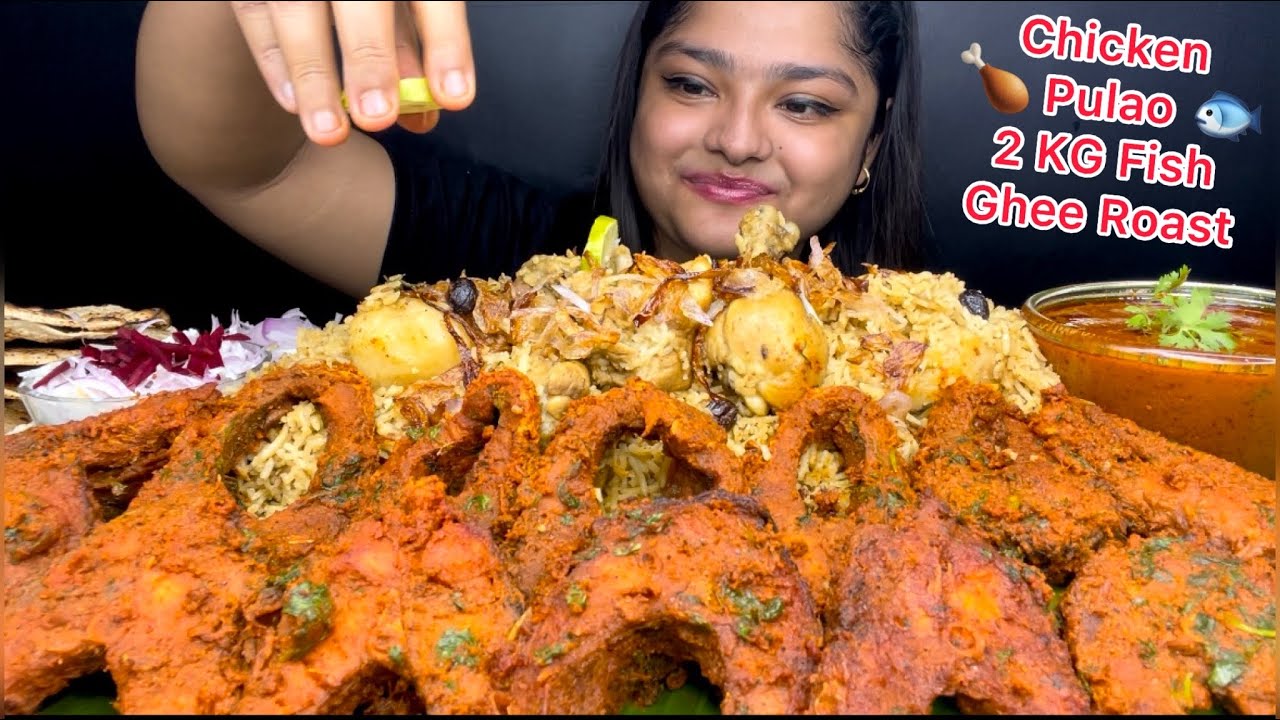 2 KG SPICY FISH GHEE ROAST 🐟 WITH WHITE CHICKEN PULAO 🍗 EXTRA GRAVY AND RAITA | FOOD EATING SHOW
