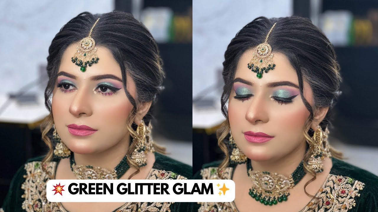 Green Glittery Smokey Eye Makeup Tutorial | Pink Lips Party Glam | Step by Step Beginners