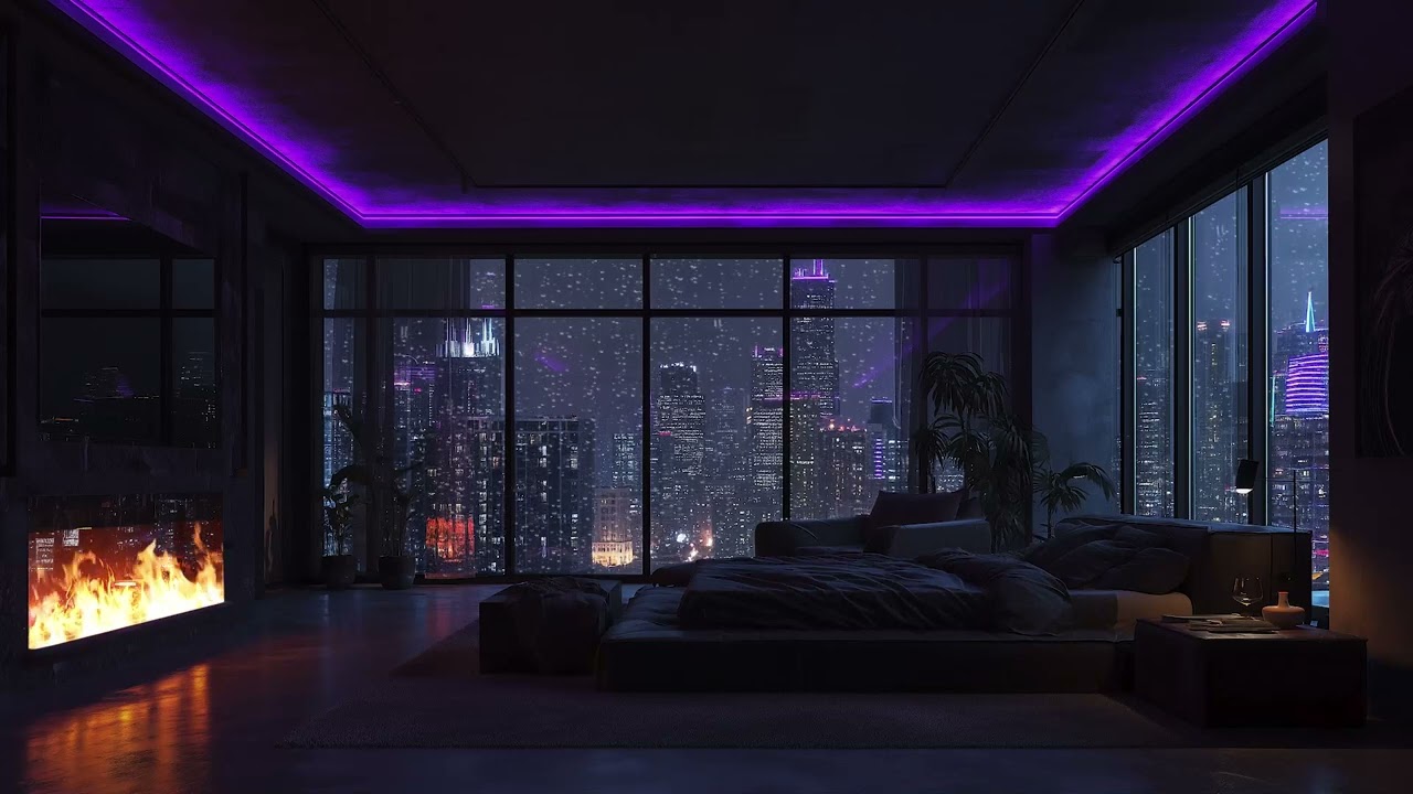 3 Hours Rain Sounds & Crackling Fireplace 💜 Cozy Purple Room for Deep Sleep