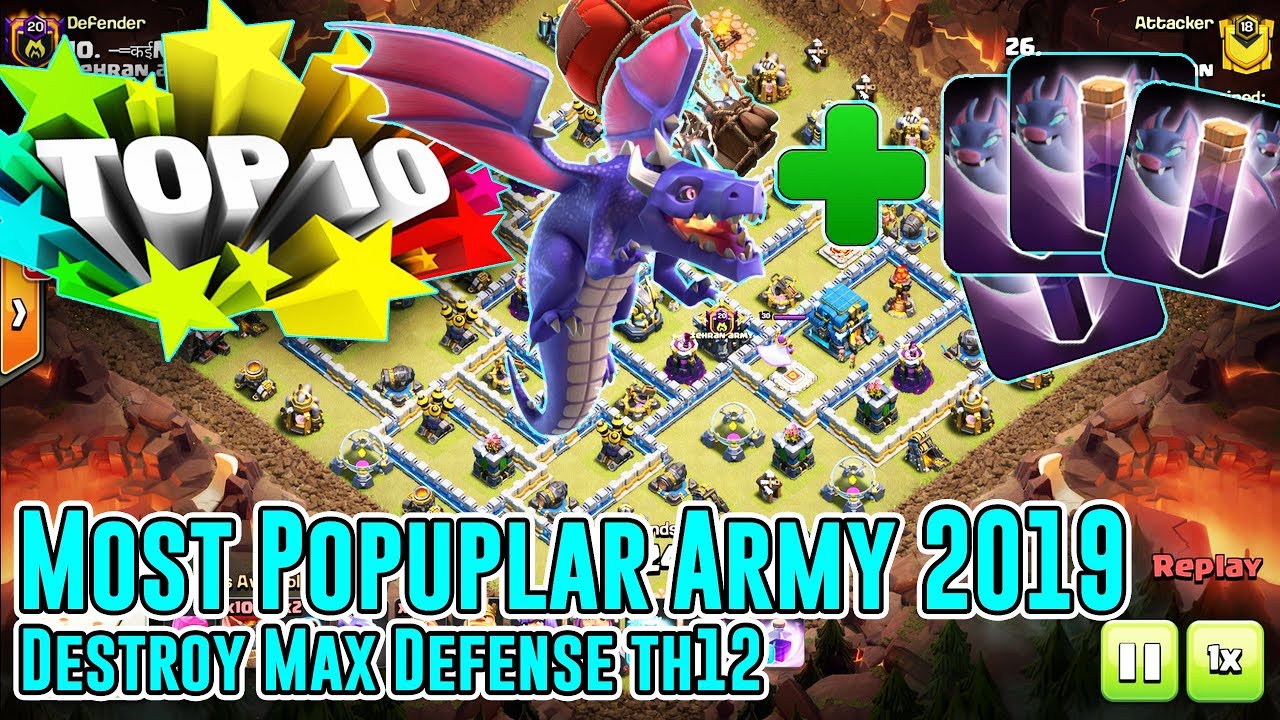 TOP 10!! THE MOST POPULAR ARMY 2019 DESTROY MAX TH12 3-STAR - BAT SPELL+ DRAGON+LOON( COC )