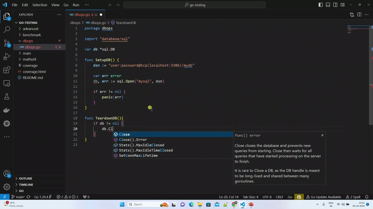 Test Suites, Test Organization, Managing setup and teardown hands on using Golang