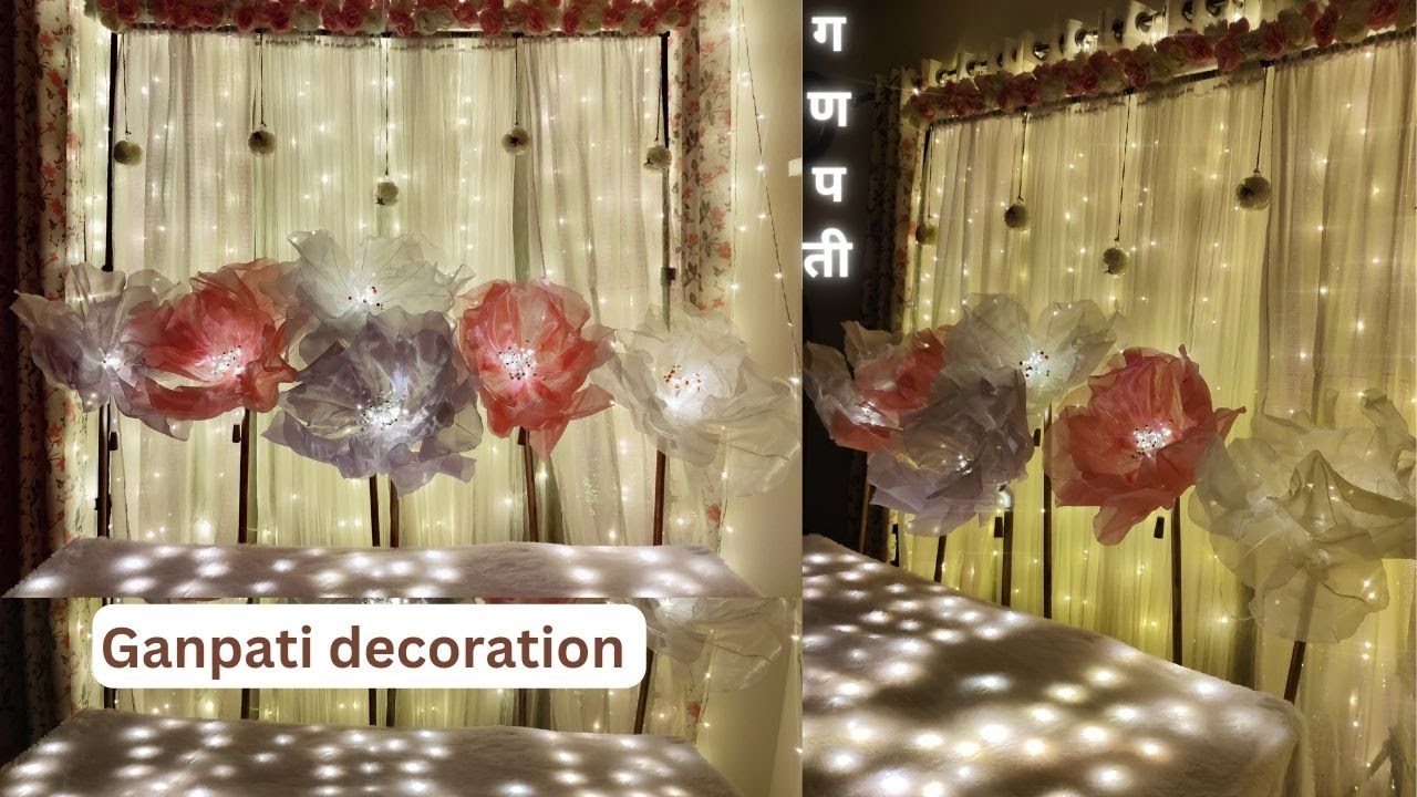 Ganpati decoration 2024 | Organza Giant flowers decoration ideas for home Simple & easy | गणपती 2024