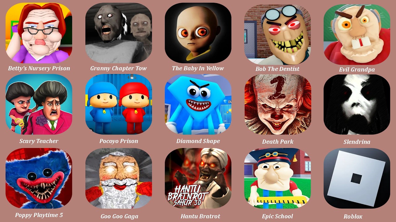 Goo Goo Gaga Scary Factory,Roblox,Grumpy Gran,Bob The Dentist,Pocoyo,Diamond Shape,Betty's Nusery...