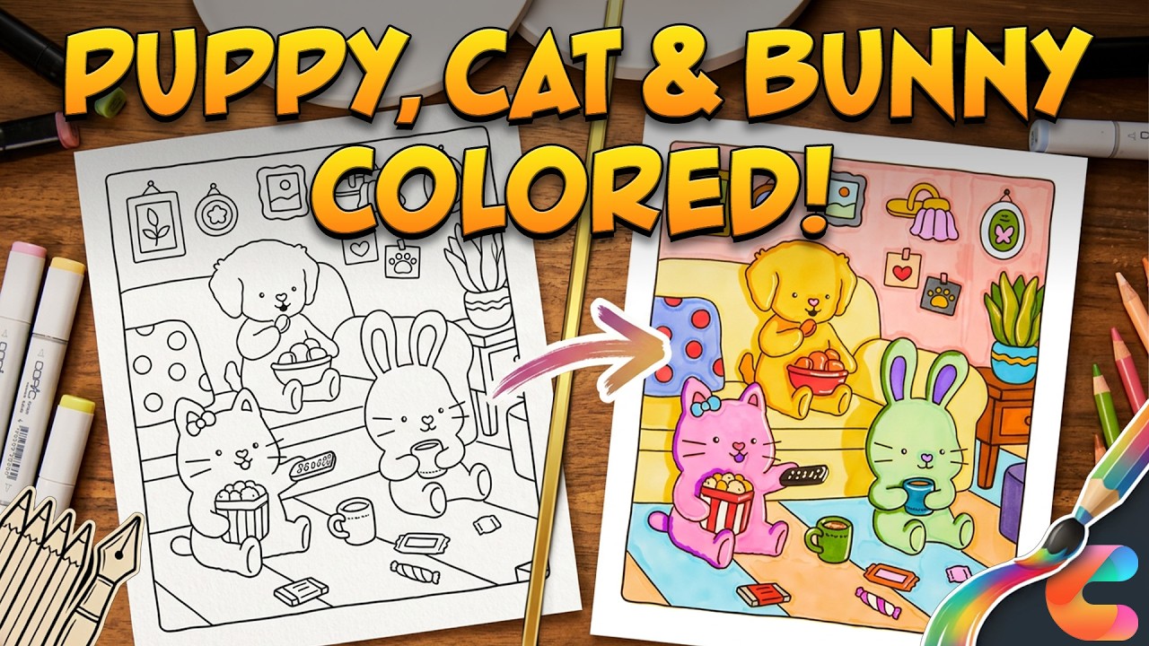 Relaxing Marker Coloring (ASMR) – Cozy Puppy, Cat & Bunny Scene