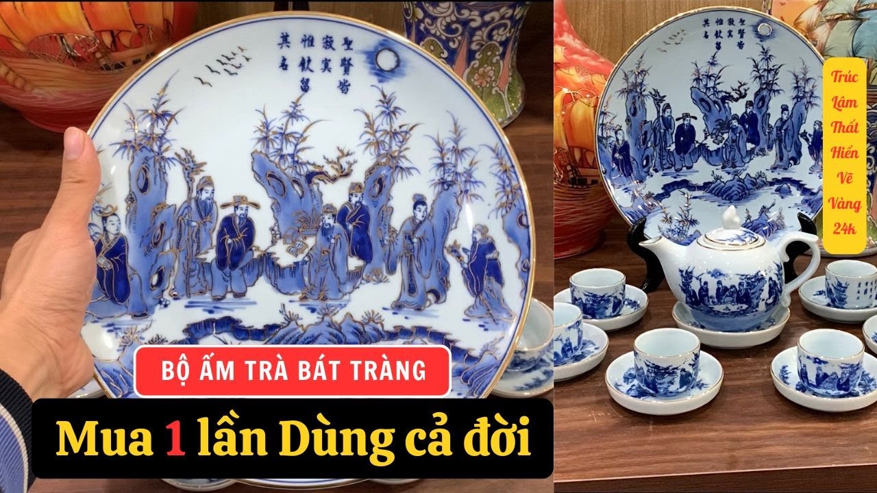 ẤM TRÀ BÁT TRÀNG - TRÚC LÂM THẤT HIỀN VẼ VIỀN VÀNG 24K - 0989894966